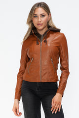 Outfit Flow - Snobbish Faux Leather Zip Up Drawstring Hooded Jacket