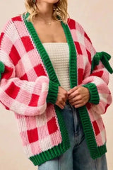 Checkered Bow-Tie Sleeve Knit Christmas Cardigan OutfitFlow