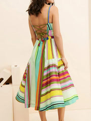Colorful Striped Spaghetti Strap Midi Dress OutfitFlow