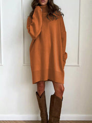 Solid Color Turtleneck Drop Shoulder Loose Sweater Dress Caramel OutfitFlow