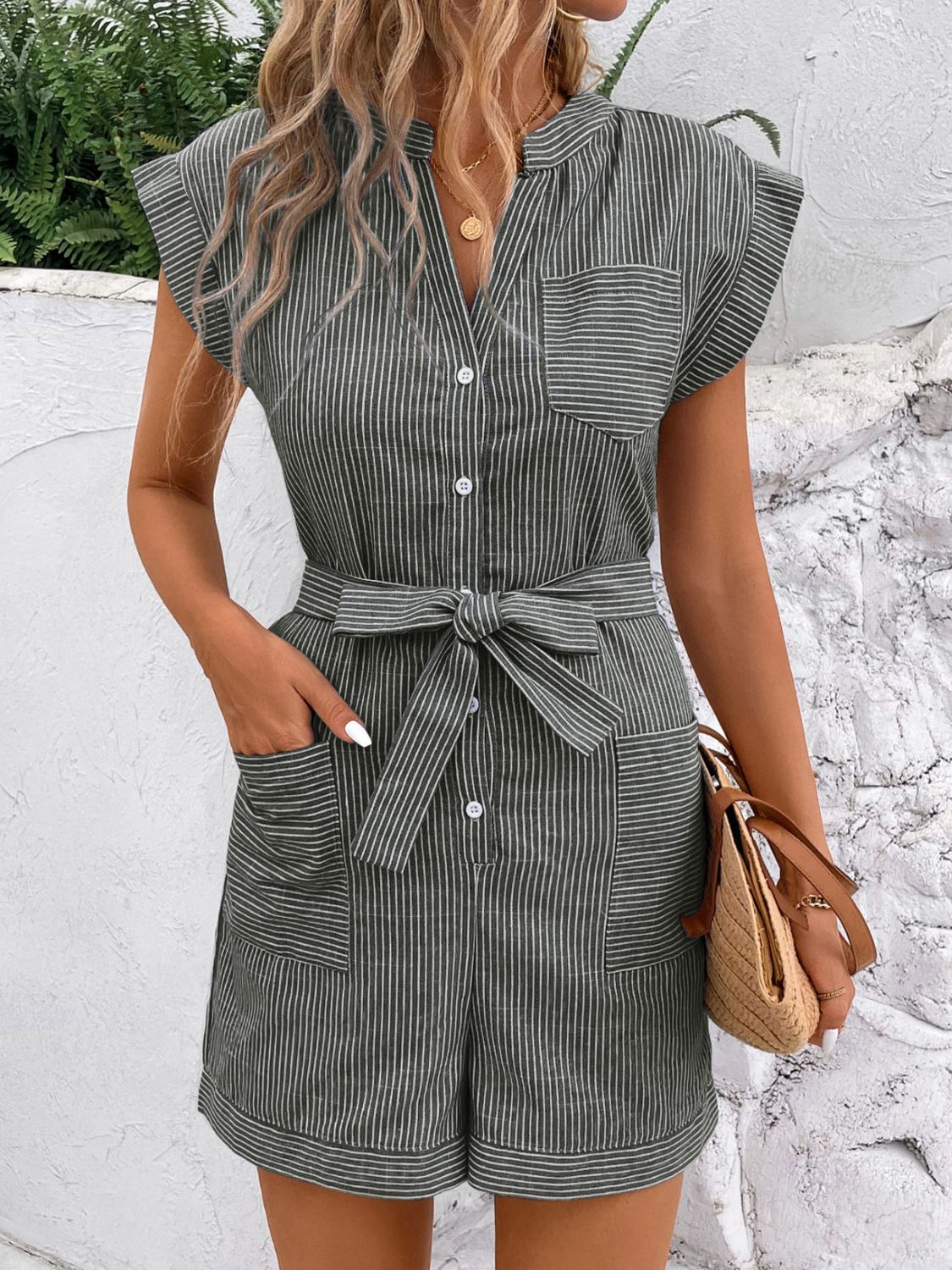 Outfit Flow - Perfee Striped Notched Tie Waist Romper