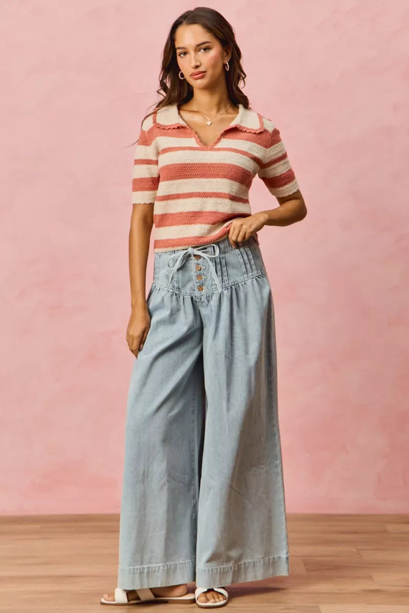 SO ME Stripe Short Sleeve Cropped Sweater OutfitFlow