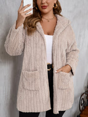 Outfit Flow - Plus Size Open Front Long Sleeve Hooded Fuzzy Jacket