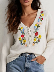 Floral Embroidered V-Neck Sweater Ivory OutfitFlow