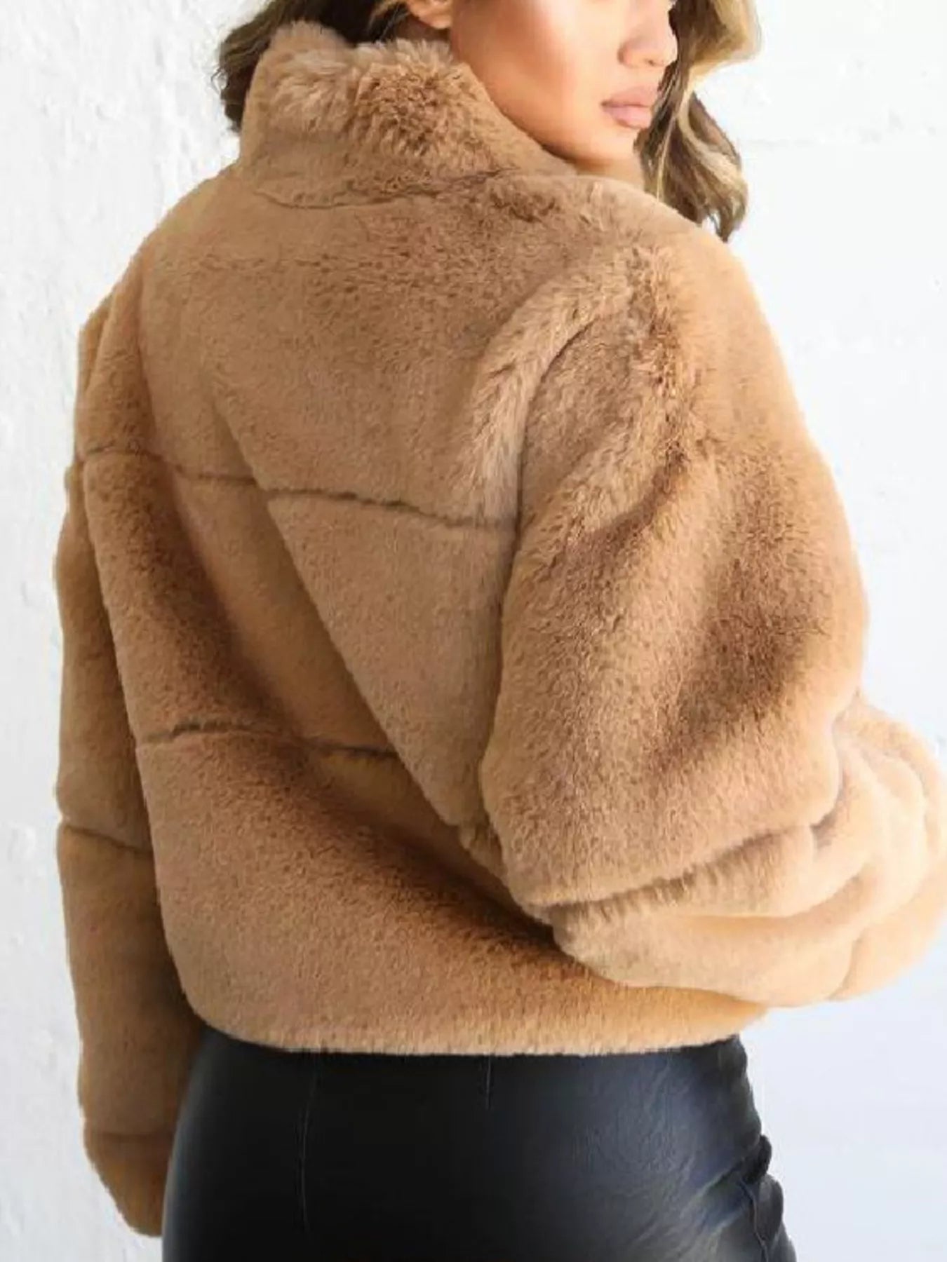 Full Size Faux Fur Cropped Zip-Up Jacket Plus Size Trendsi