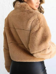 Full Size Faux Fur Cropped Zip-Up Jacket Plus Size Trendsi
