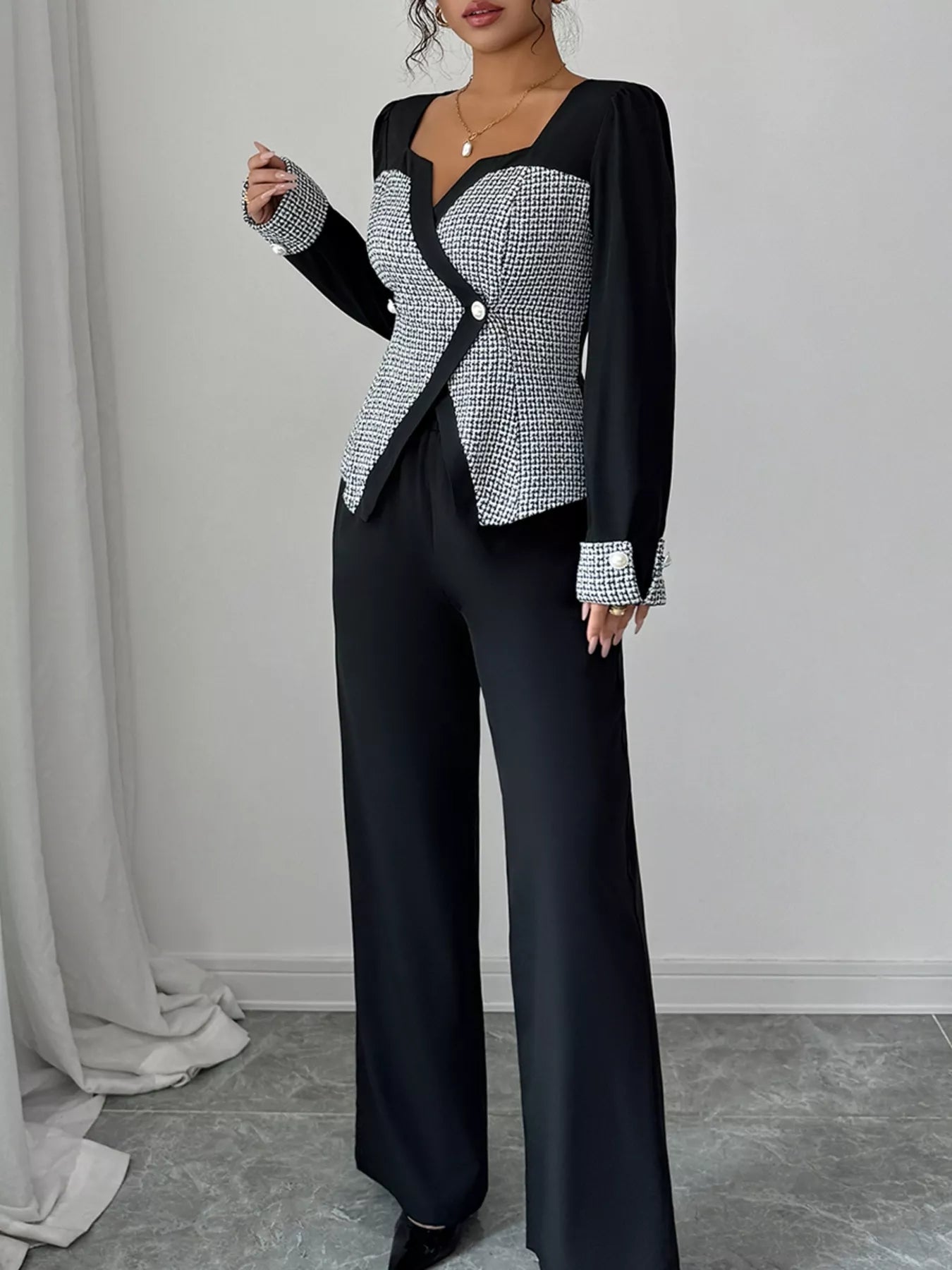 Long Sleeve Top and Wide Leg Pants Set Black OutfitFlow