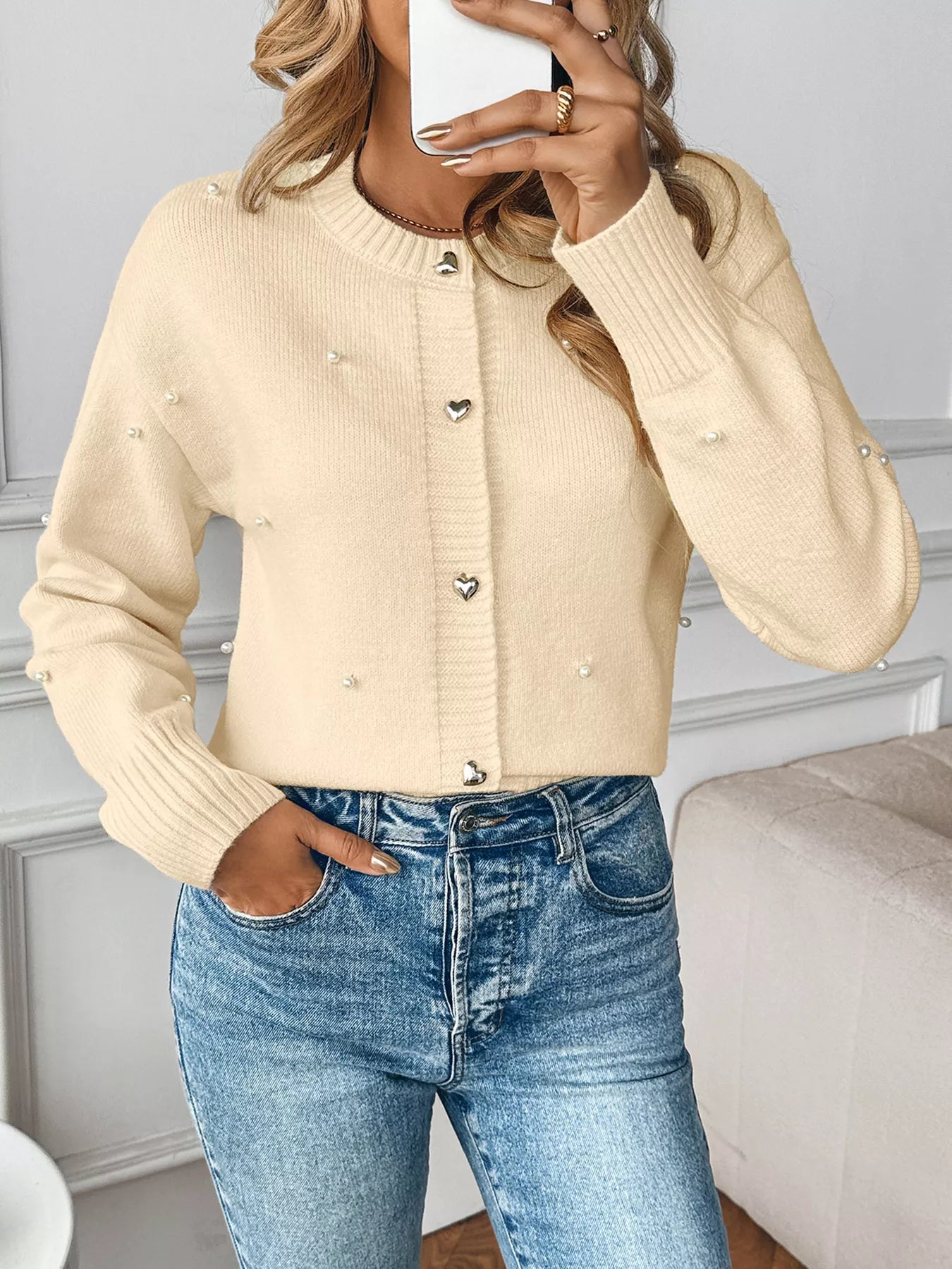 Pearl Embellished Button-Up Cardigan OutfitFlow
