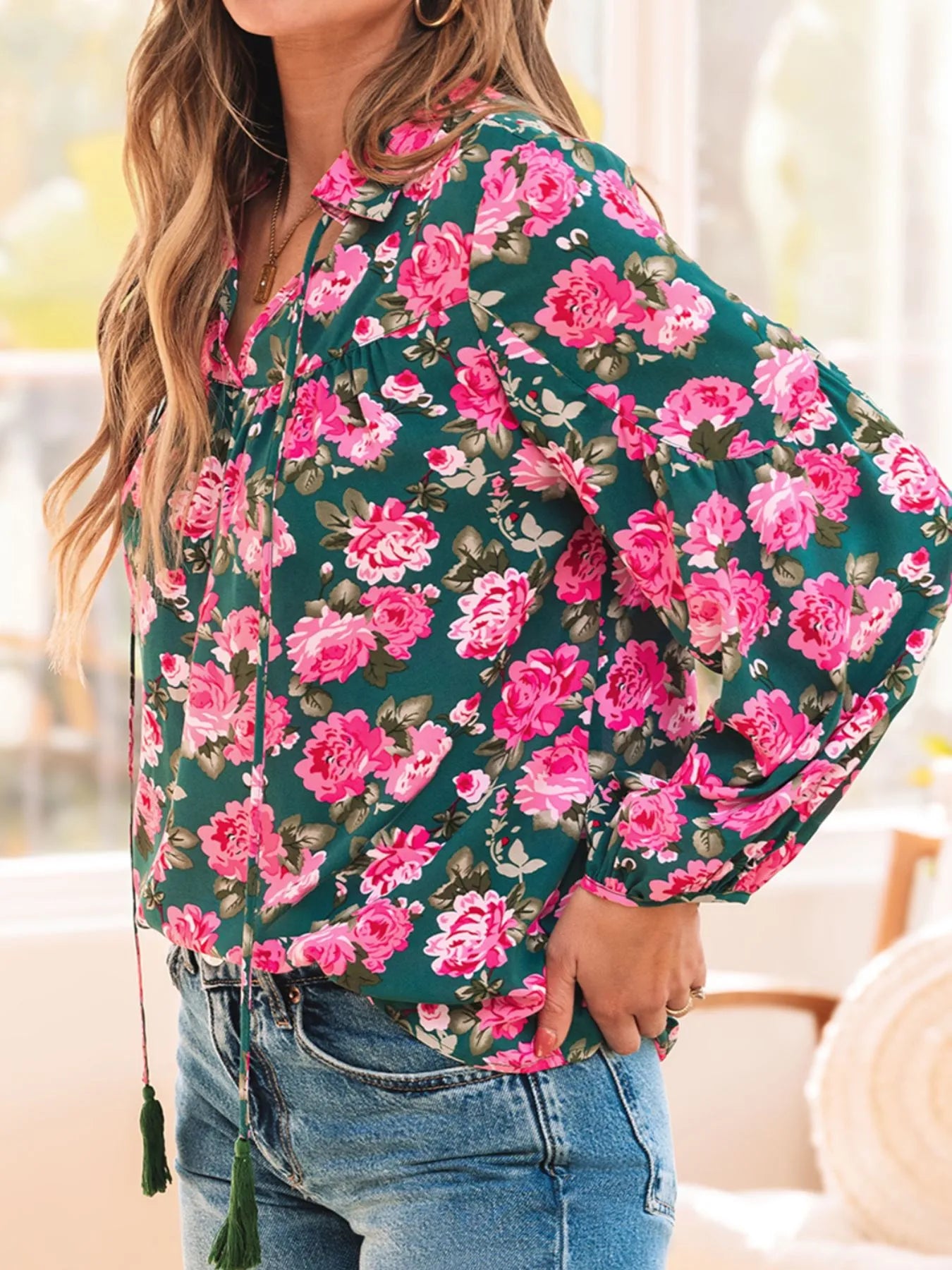 Floral Printed Tied Collar Puff Sleeve Blouse OutfitFlow