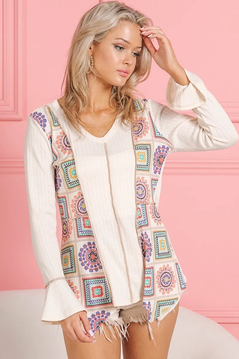 BiBi Granny Square Print Contrast Annie Rib V Neck Top OutfitFlow