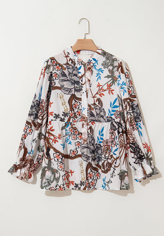 Outfit Flow - Printed Notched Flounce Sleeve Blouse