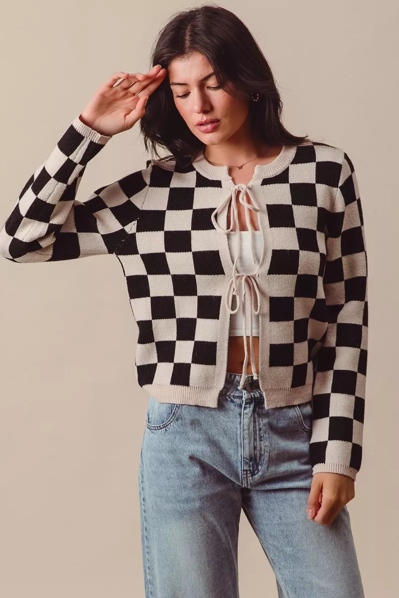 SO ME Tie Front Checkered Knitted Round Neck Cardigan OATMEAL BLACK Trendsi