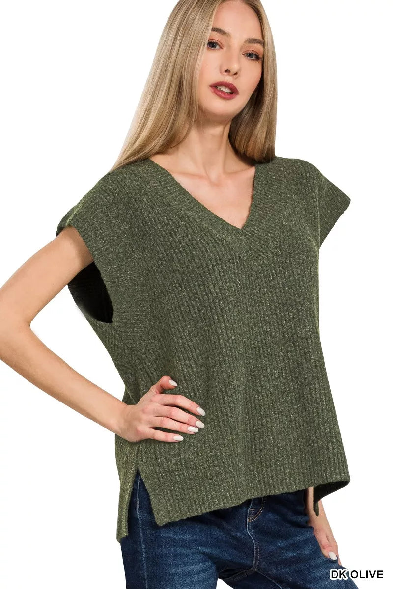 Zenana Ribbed Slit V-Neck Sweater Vest DK OLIVE Trendsi