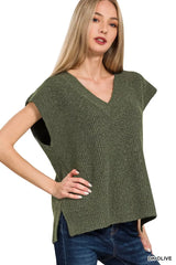 Zenana Ribbed Slit V-Neck Sweater Vest DK OLIVE Trendsi