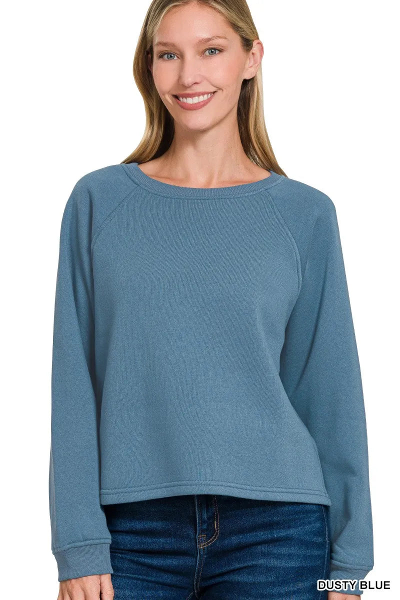 Zenana Fleece Raglan Round-Neck Sweatshirt DUSTY BLUE OutfitFlow