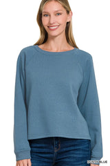 Zenana Fleece Raglan Round-Neck Sweatshirt DUSTY BLUE OutfitFlow