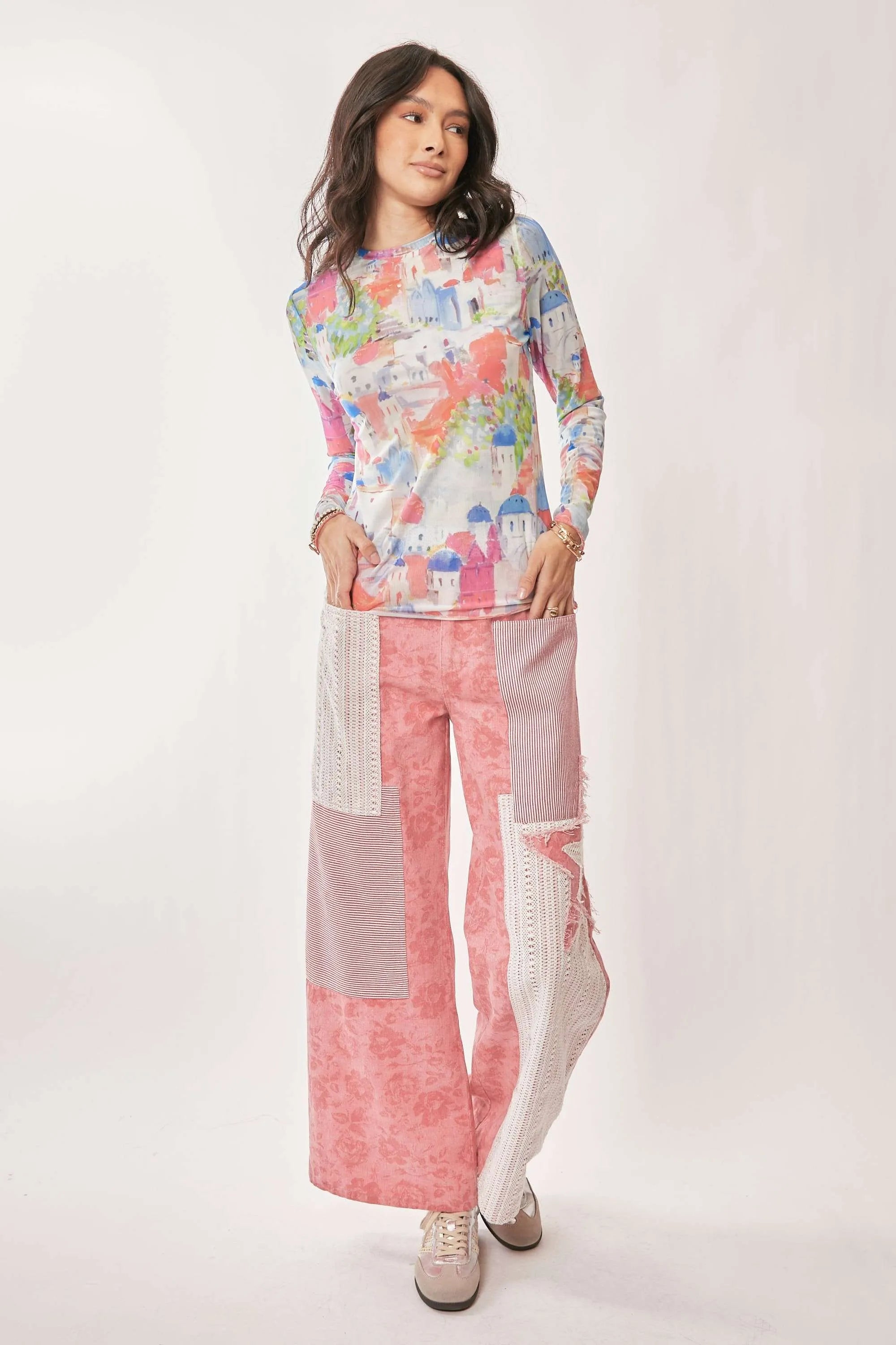 Davi & Dani Multi Printed Mesh Round Neck Long Sleeve Top OutfitFlow