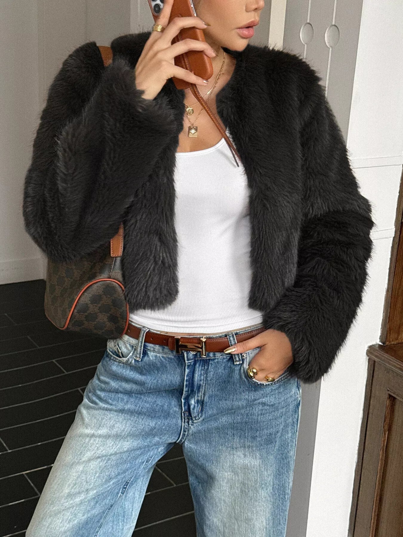 Faux Fur Cropped Outerwear Black OutfitFlow