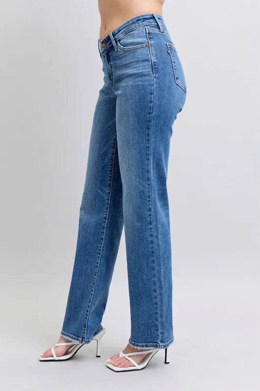 Judy Blue Full Size High Waist V-Front Vintage Wash Straight Jeans Plus Size OutfitFlow