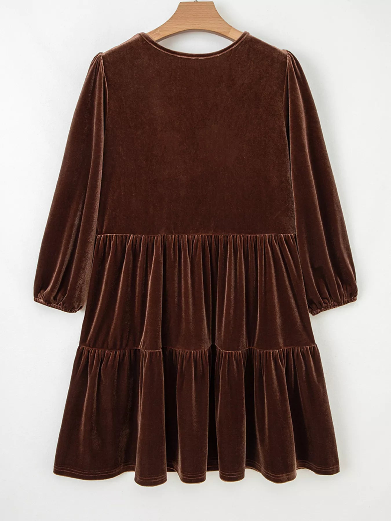 Solid Color Velvet V Neck Long Sleeve Tiered Mini Dress Trendsi