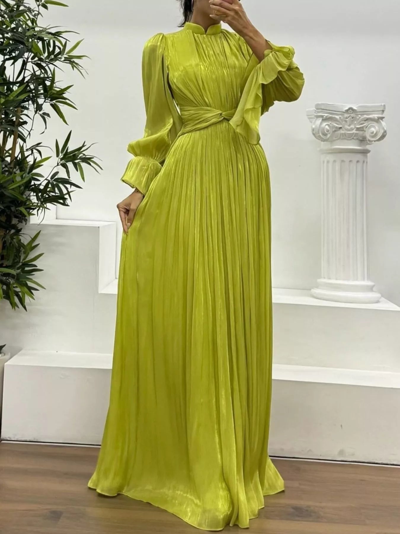 Pleated Mock Neck Long Sleeve Maxi Dress OutfitFlow