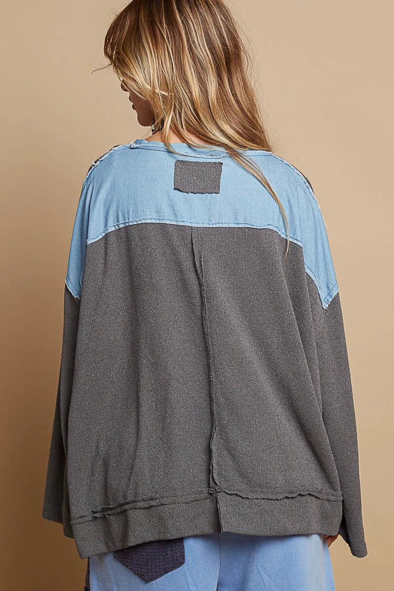 POL Exposed Seam Relaxed Fit Sweater with Star Denim Patch Trendsi