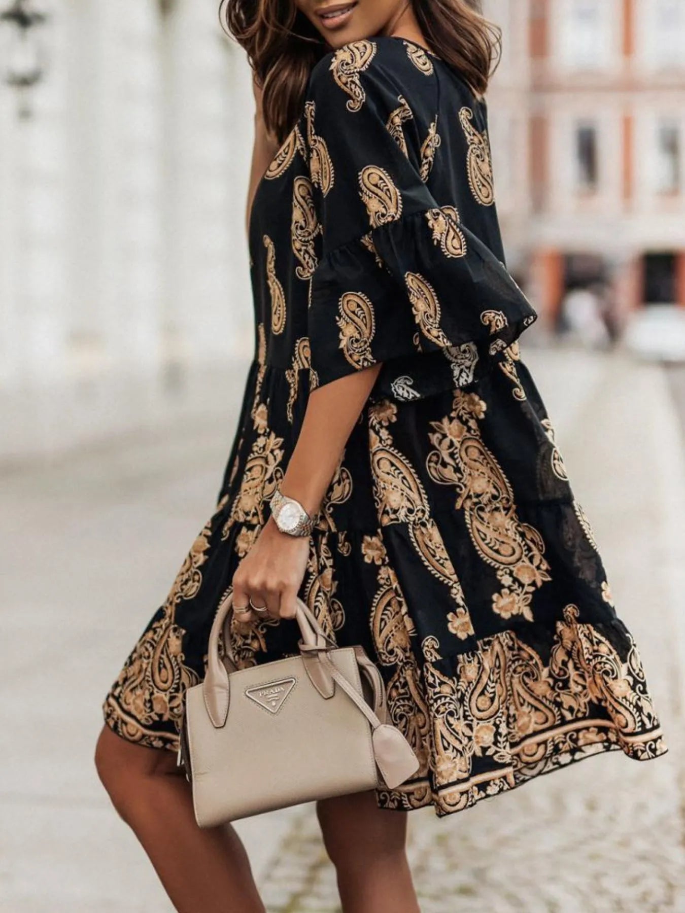 Paisley Print Tie Neck Half Sleeve Mini Dress OutfitFlow