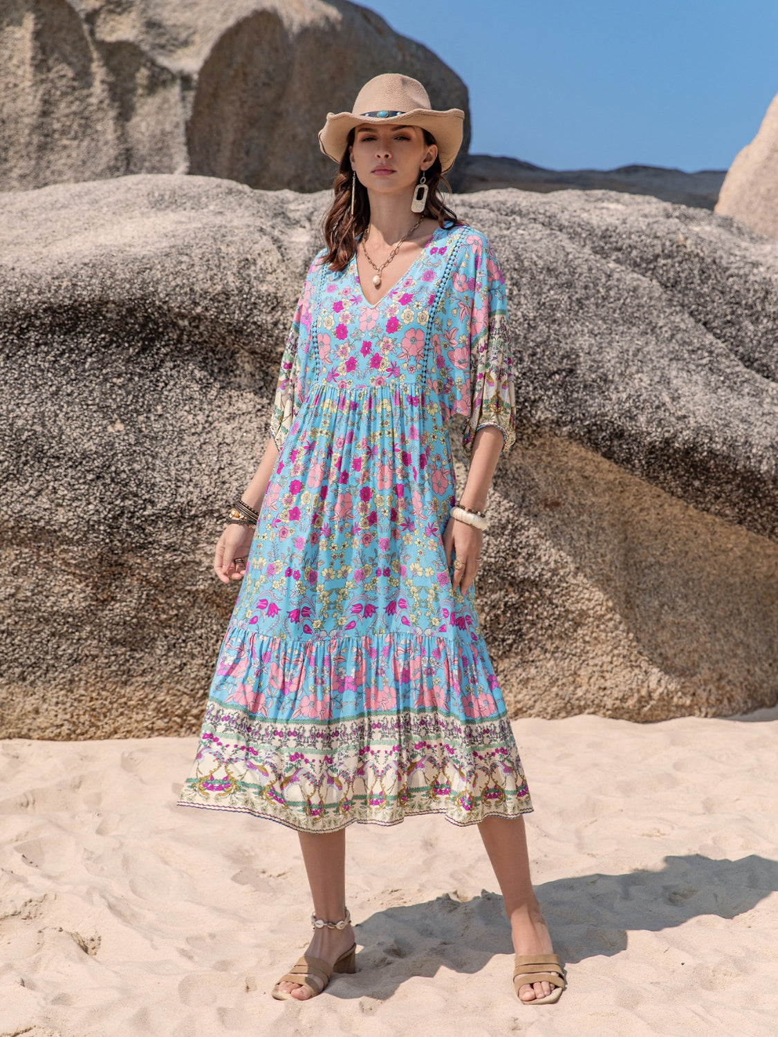 Printed Puff Sleeve Ruched Midi Dress OutfitFlow
