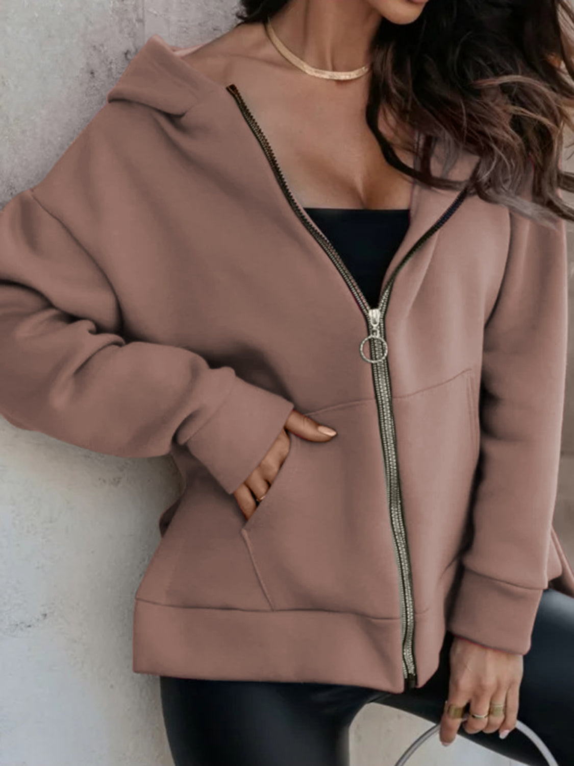 Outfit Flow - Zip-Up Slit Hoodie with Pockets