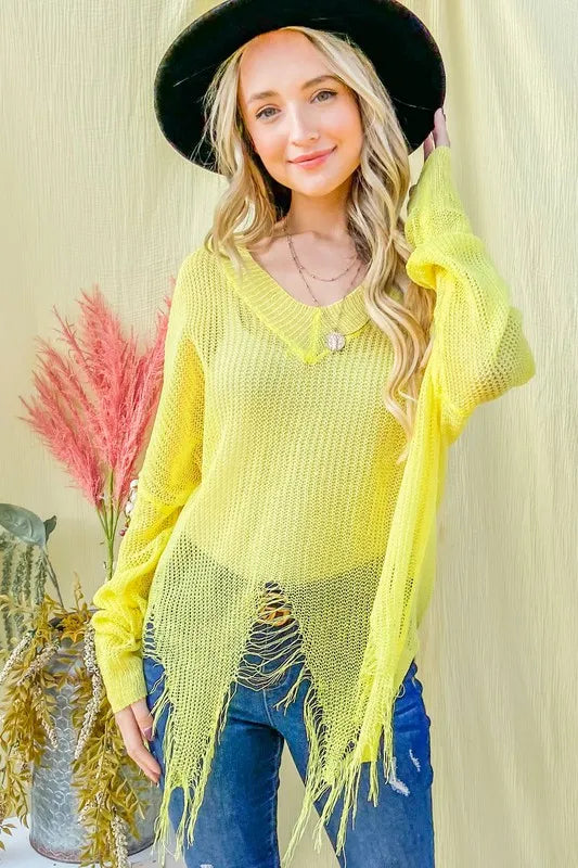 And The Why Distressed Mesh V Neck Spring Sweater Cover Up OutfitFlow