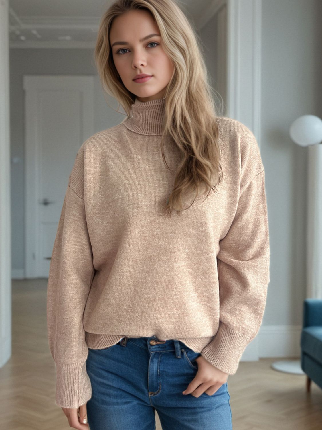 Outfit Flow - Turtleneck Dropped Shoulder Long Sleeve Sweater