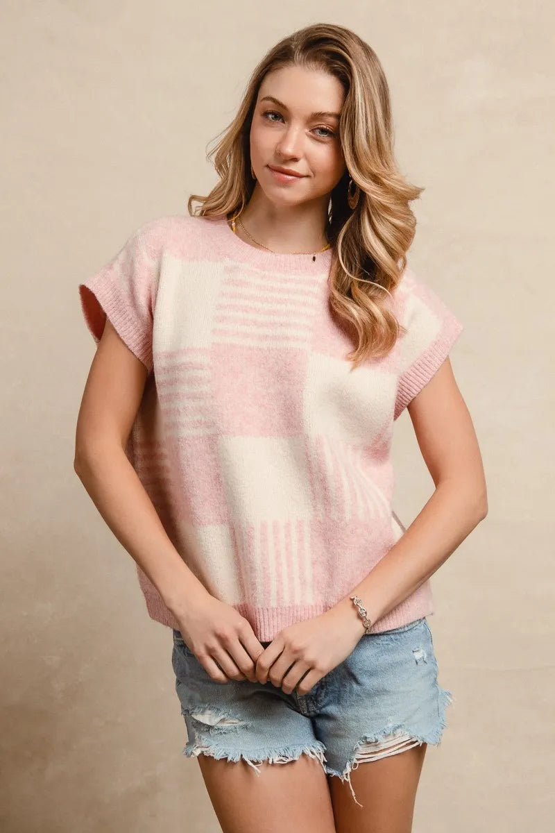 BiBi Checker With Stripes Pattern Sleeveless Sweater OutfitFlow