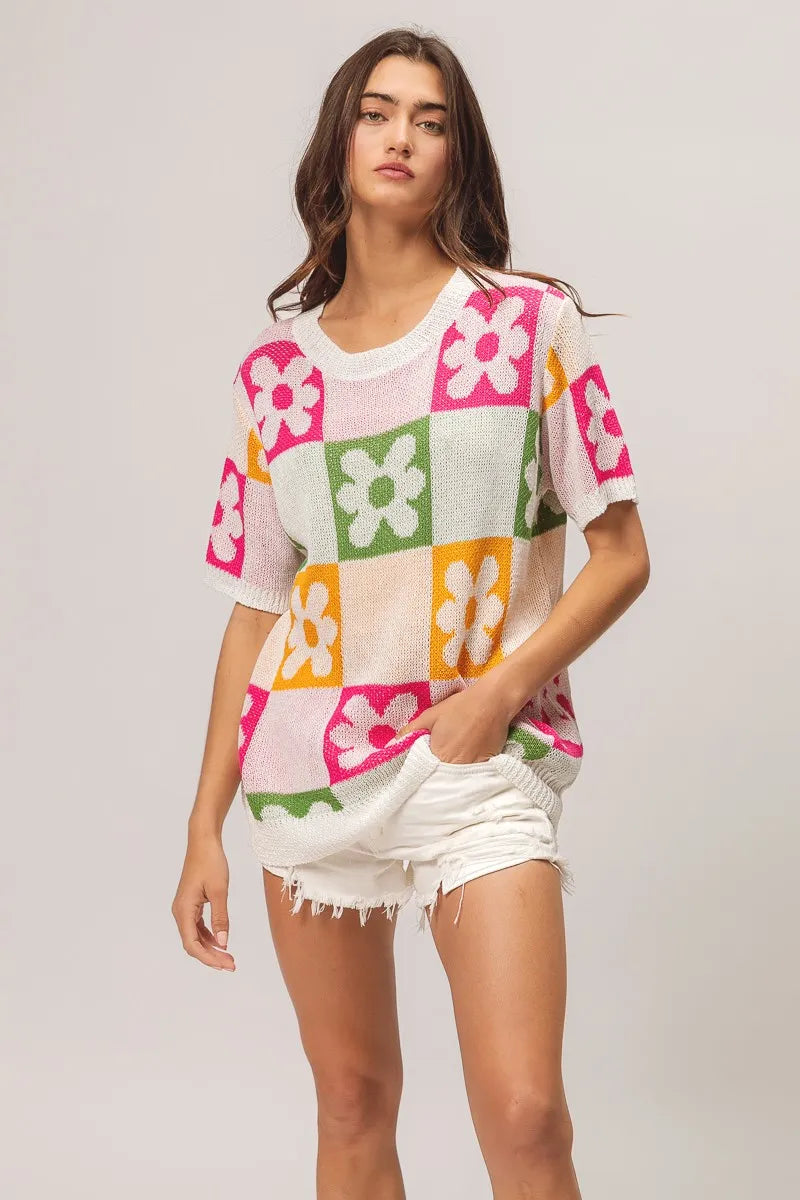 BiBi Flower Checker Pattern Lightweight Sweater Top OutfitFlow