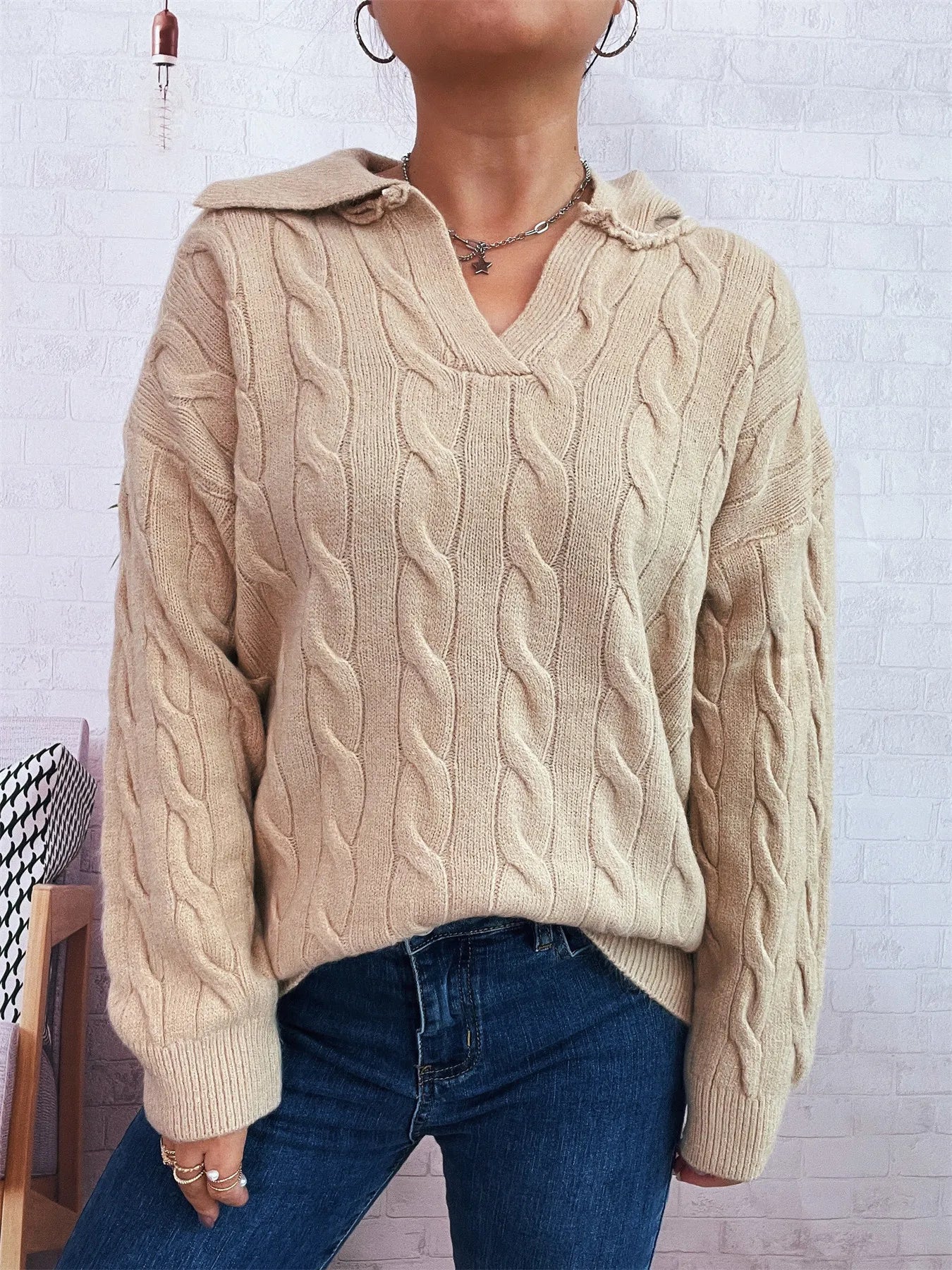 Cable Knit Johnny Collar Sweater Trendsi