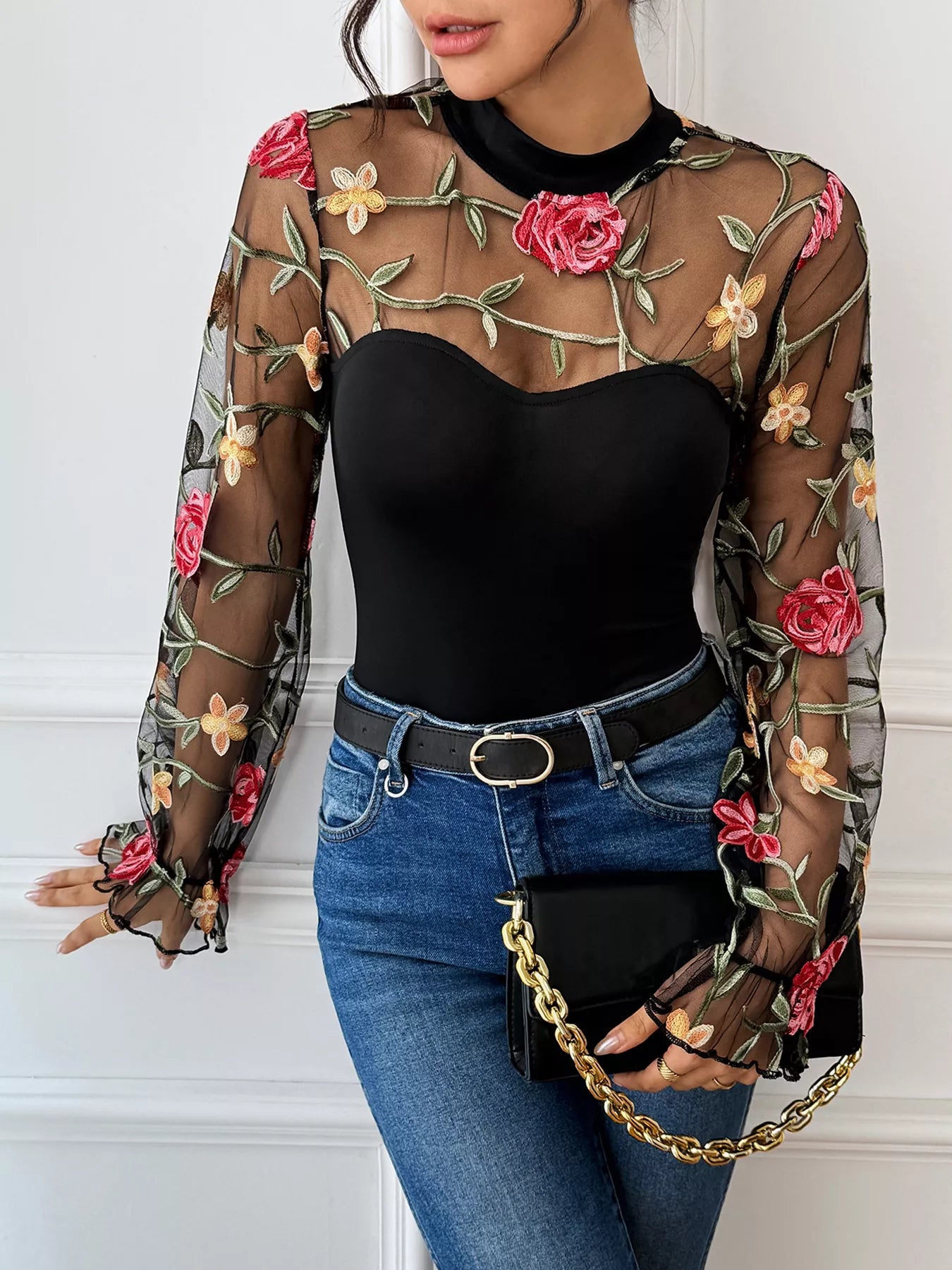 Floral Embroidered Mesh Long Sleeve Bodysuit OutfitFlow