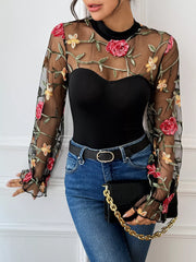 Floral Embroidered Mesh Long Sleeve Bodysuit OutfitFlow
