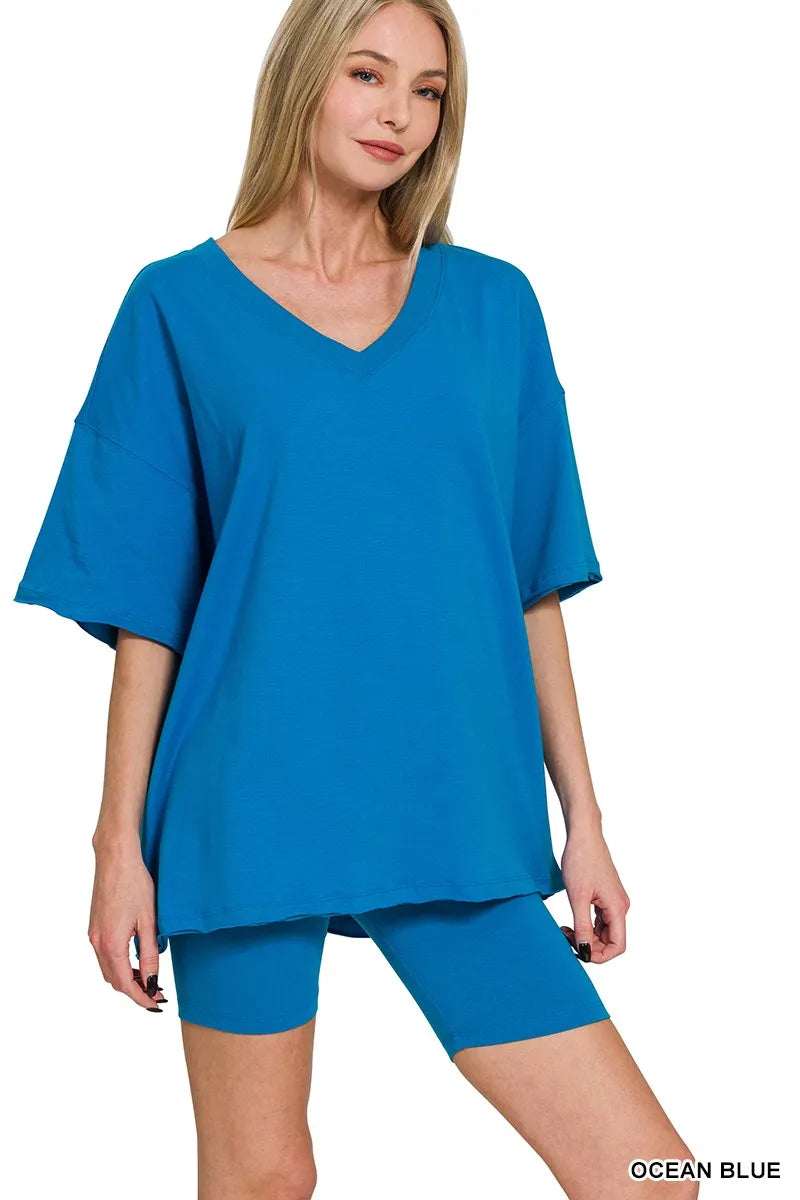 Zenana Cotton V-neck Top & Biker Shorts Set OCEAN BLUE Trendsi