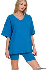 Zenana Cotton V-neck Top & Biker Shorts Set OCEAN BLUE Trendsi