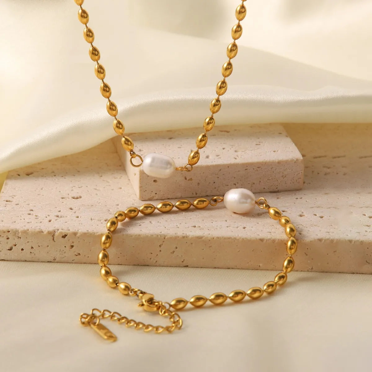 Pearl and Gold Chain Jewelry Set with Necklace and Bracelet Gold One Size OutfitFlow