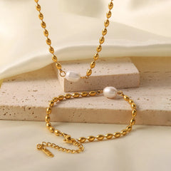 Pearl and Gold Chain Jewelry Set with Necklace and Bracelet Gold One Size OutfitFlow