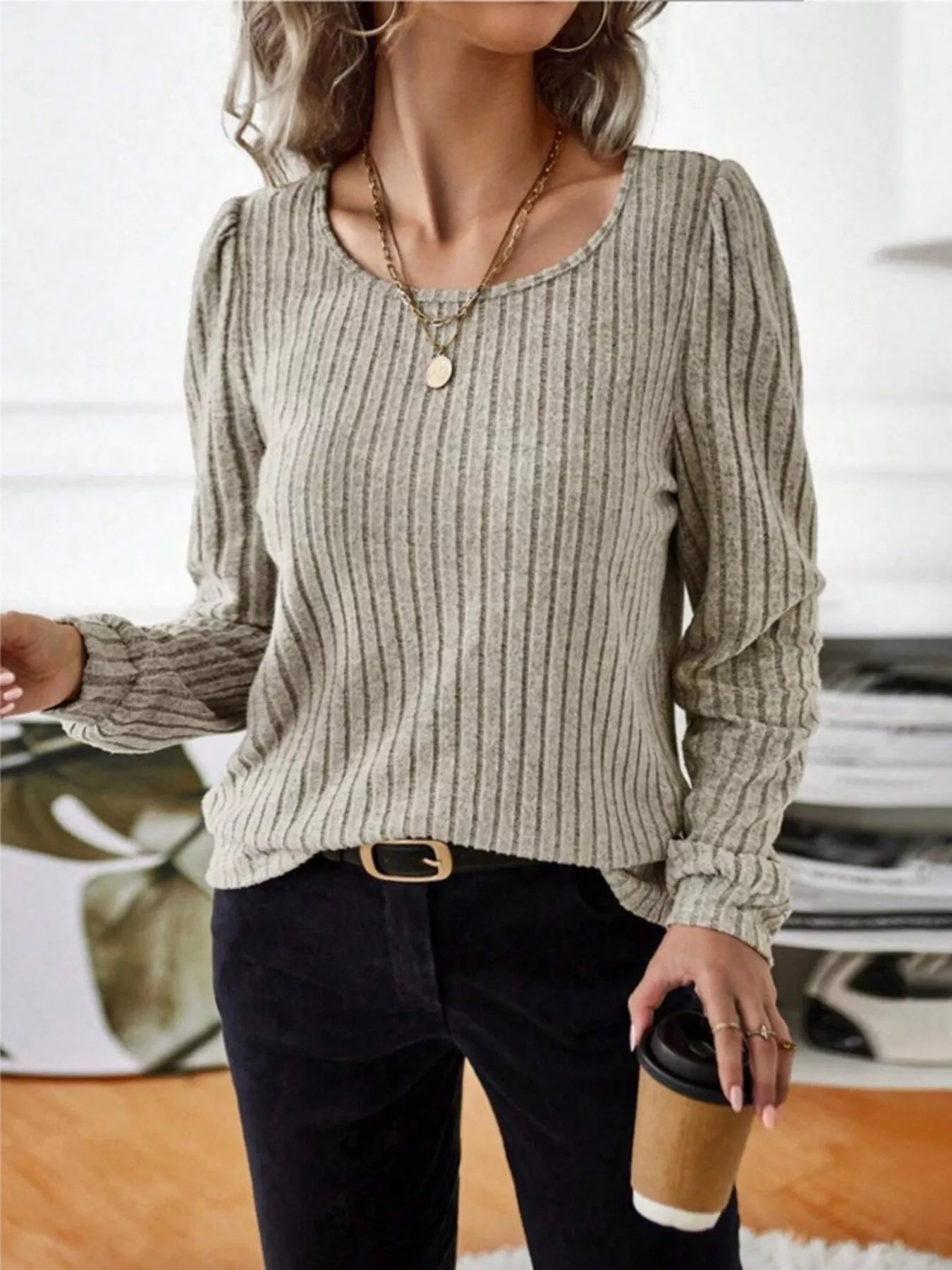 Ribbed Knit Long Sleeve T-Shirt OutfitFlow