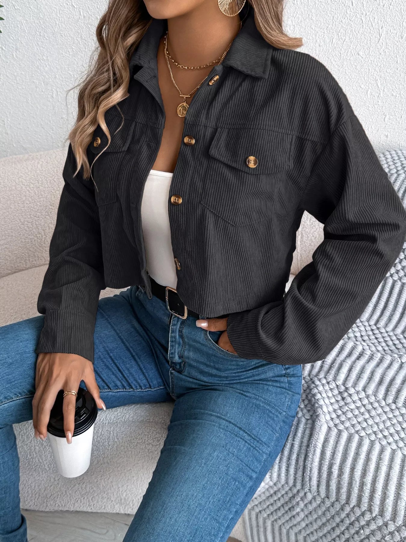 Corduroy Button-Up Dropped Shoulder Jacket Trendsi