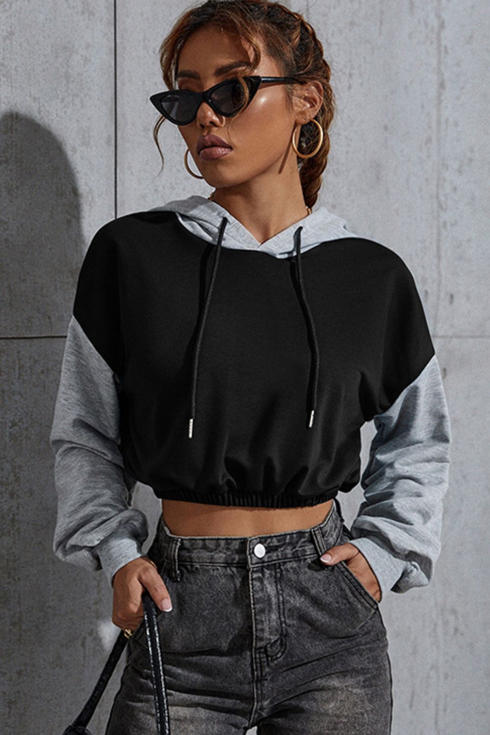 Outfit Flow - Perfee Contrast Long Sleeve Cropped Hoodie