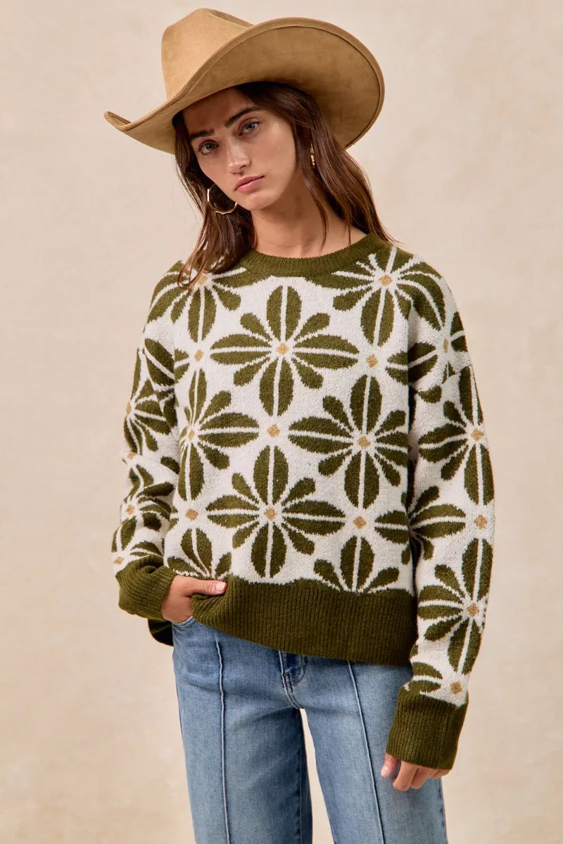 BiBi Flower Pattern Long Sleeve Sweater OutfitFlow