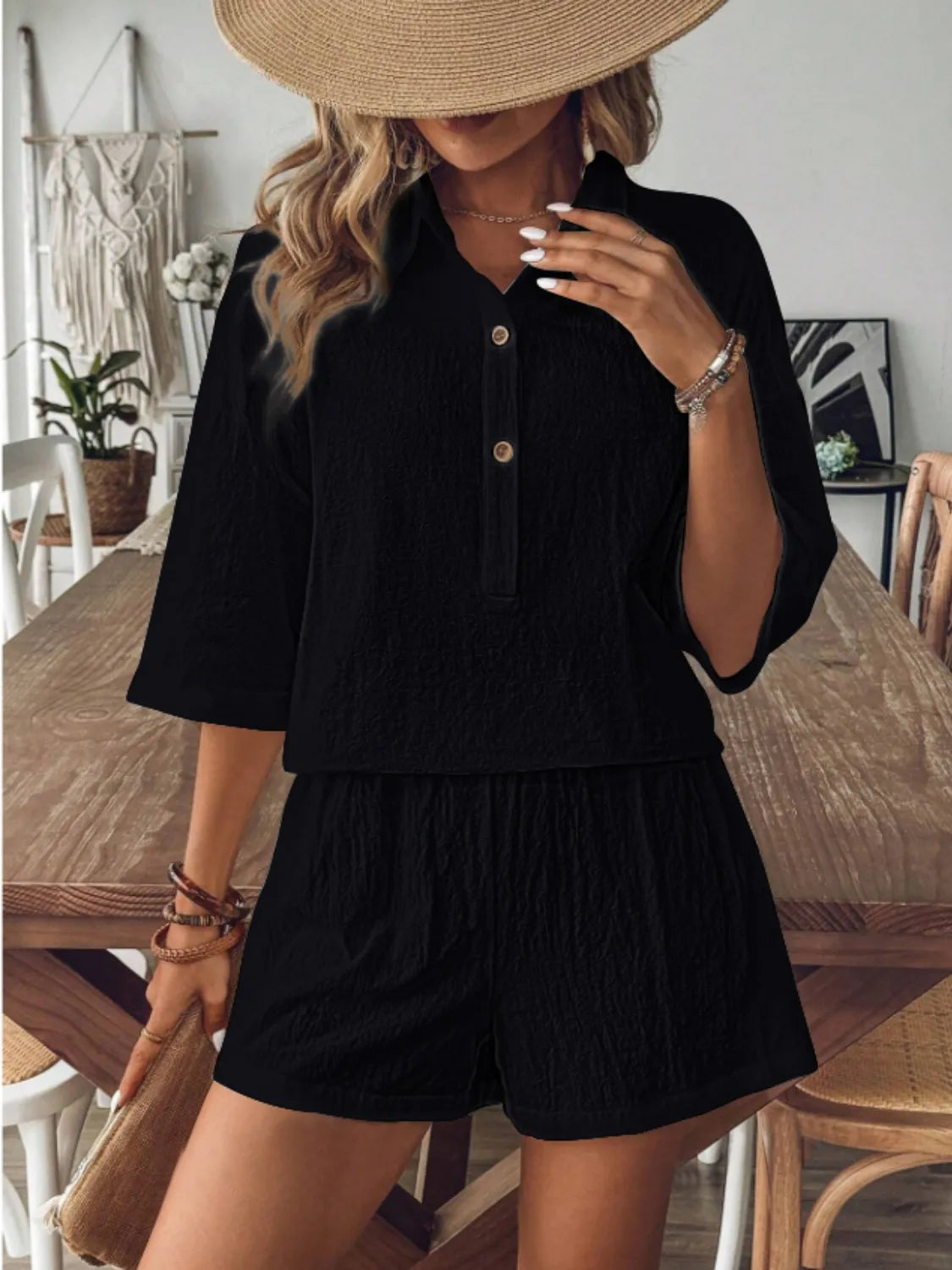 Collared Neck Half Sleeve Top and Shorts Set Black OutfitFlow