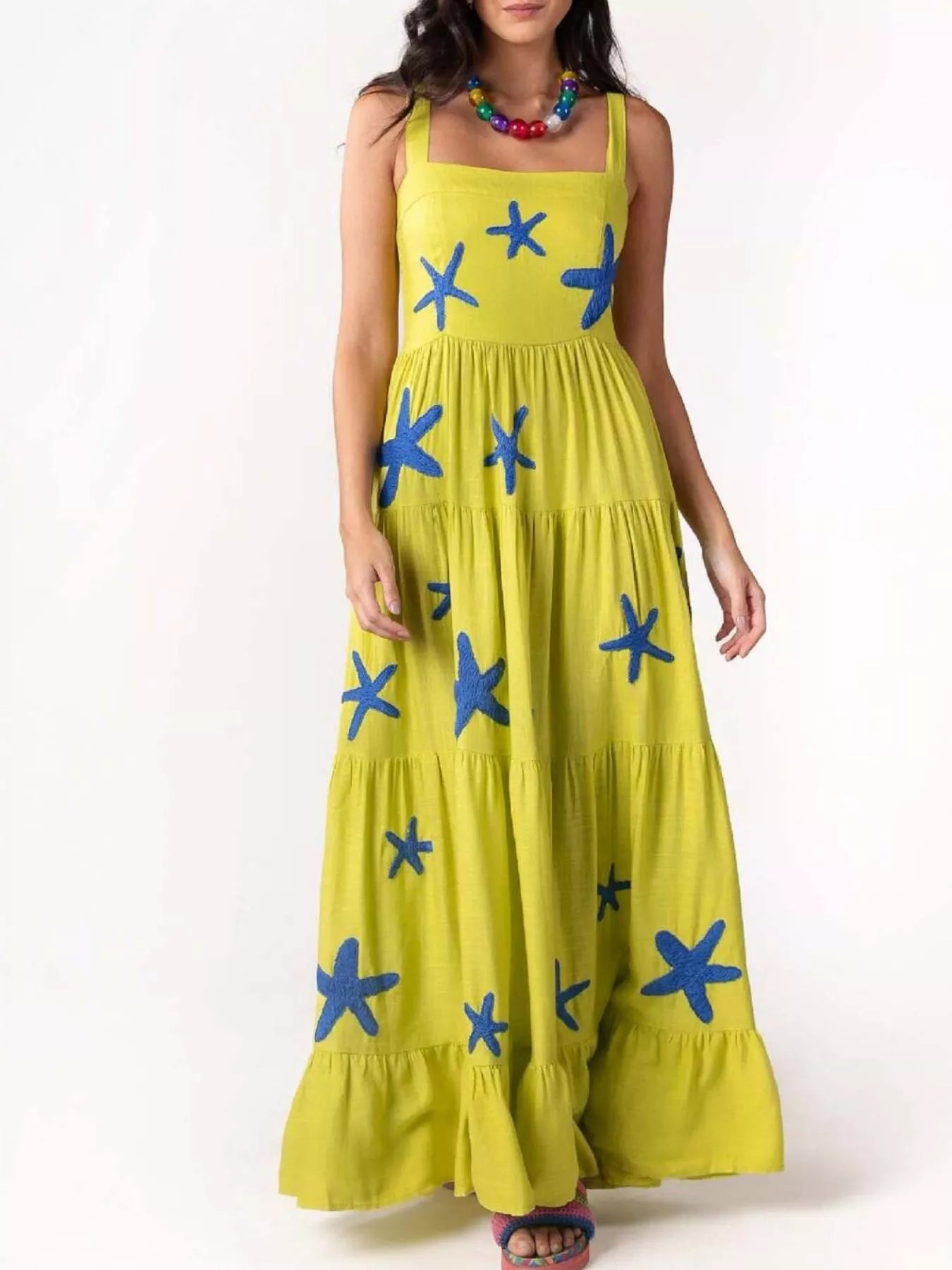 Embroidered Square Neck Tiered Maxi Cami Dress Yellow OutfitFlow