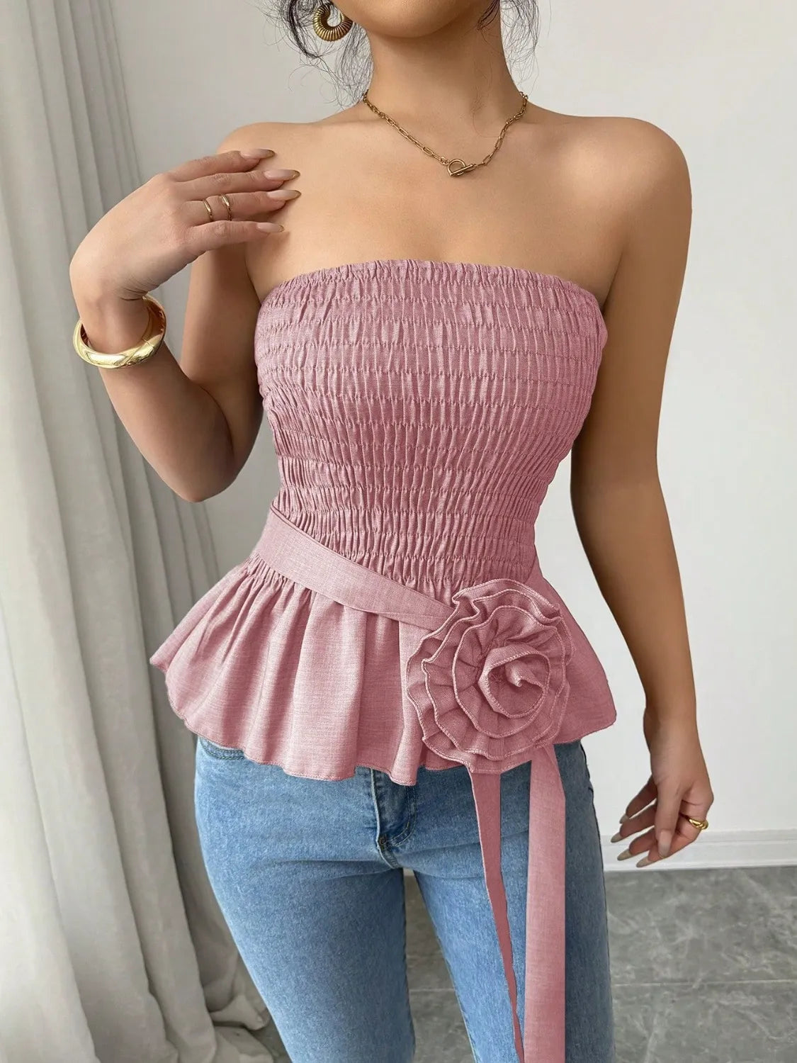 Flower Smocked Tube Top Dusty Pink OutfitFlow
