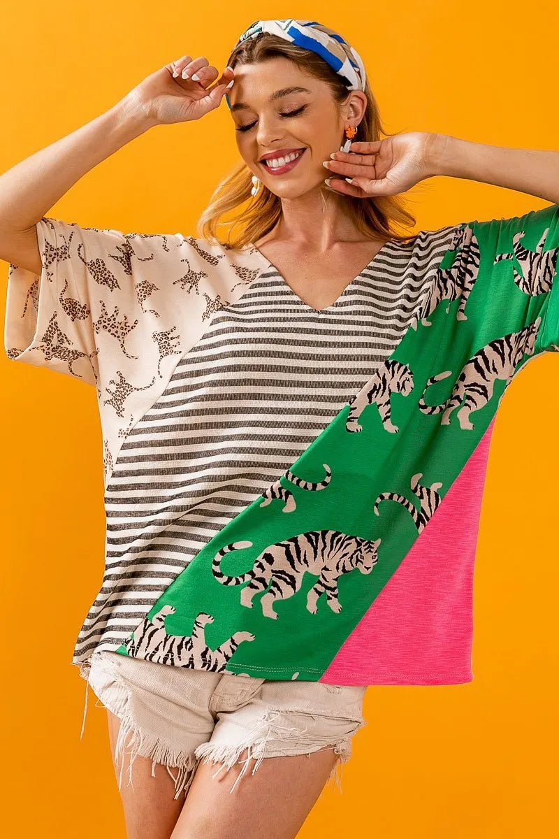 BiBi Tiger W Stripe Contrast Color Block V Neck Top OutfitFlow