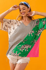 BiBi Tiger W Stripe Contrast Color Block V Neck Top OutfitFlow