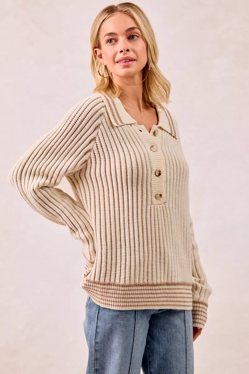 BiBi Half Button Ribbed Two Tone Sweater OutfitFlow